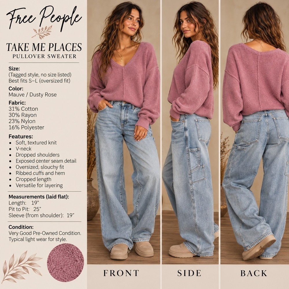 Free People Take Me Places Sweater Pink Mauve Oversized V Neck Slouchy Pullover